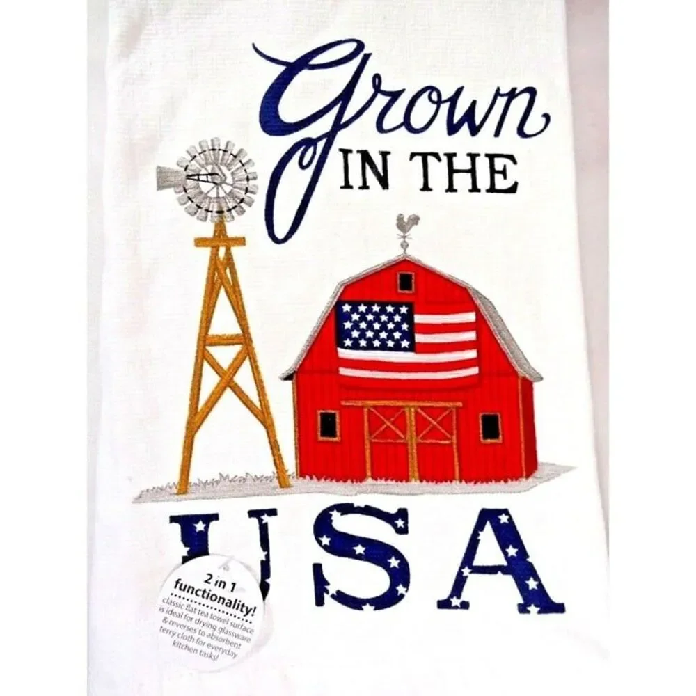 Grown in the USA Kitchen Towels Patriotic American Flag Red Barn Cotton 2pc Gift